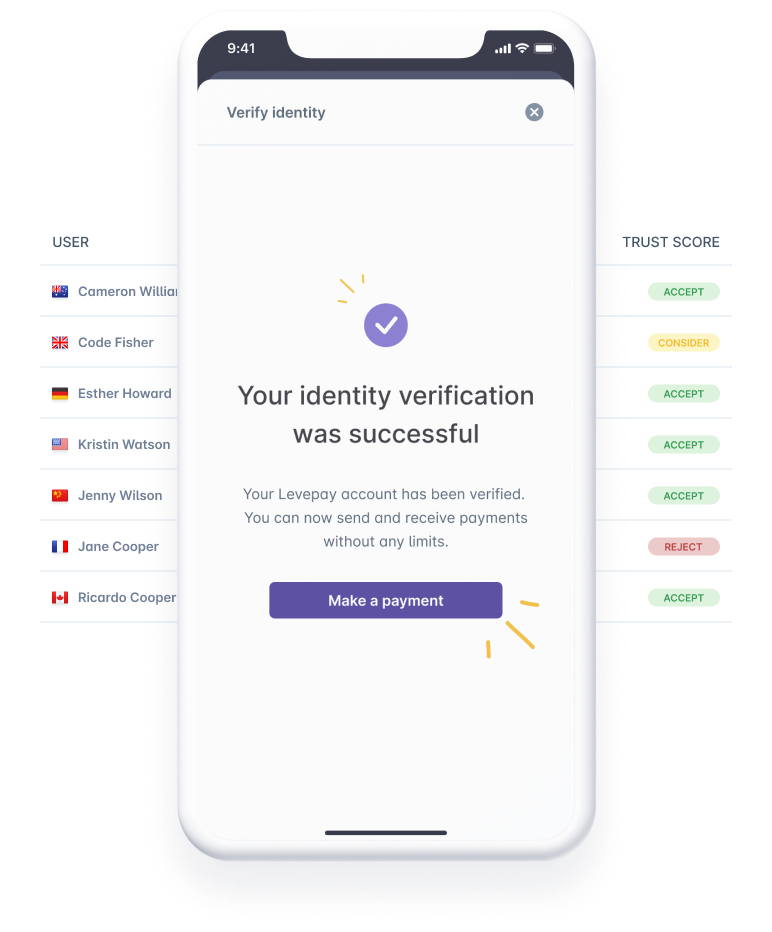 UI depicting a successful verification - 'Your identity verification was successful' text with a button below to continue to payment.