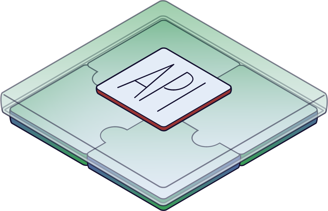 An isometric collection of jigsaw puzzles fitted together with a case that says API on top depicting integration ease.