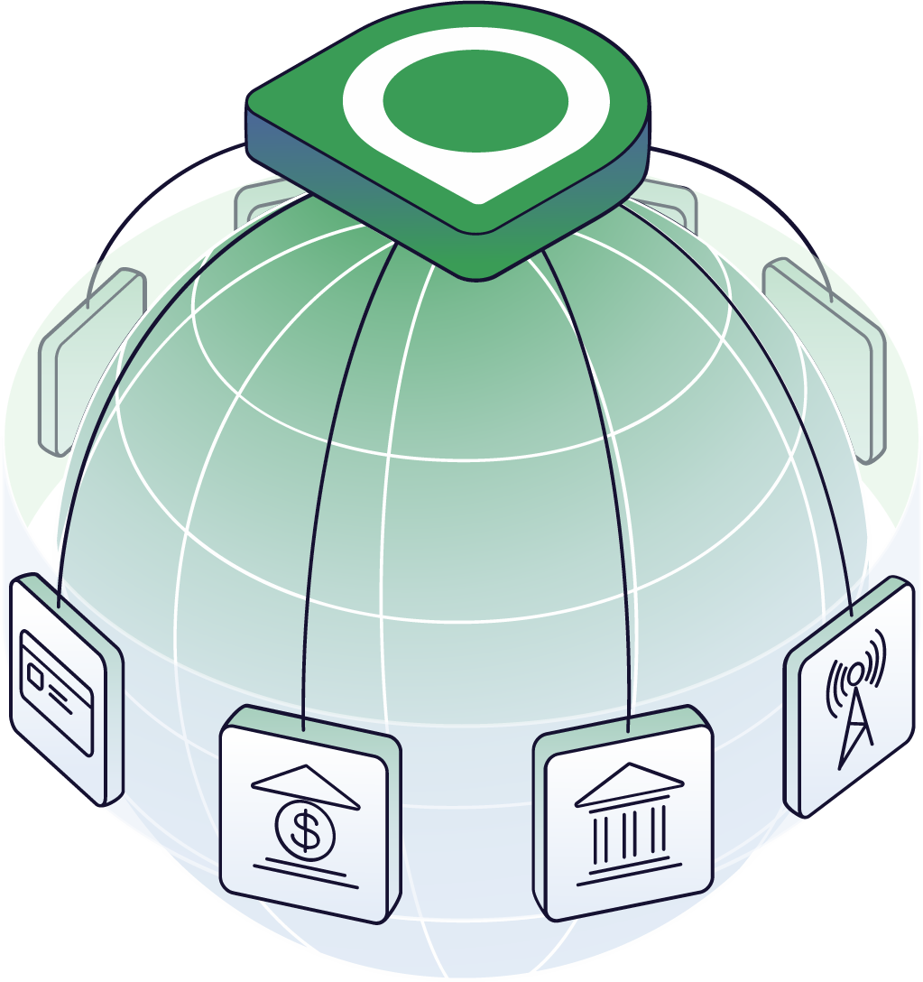 A globe illustration with various symbols floating around it representing different data sources